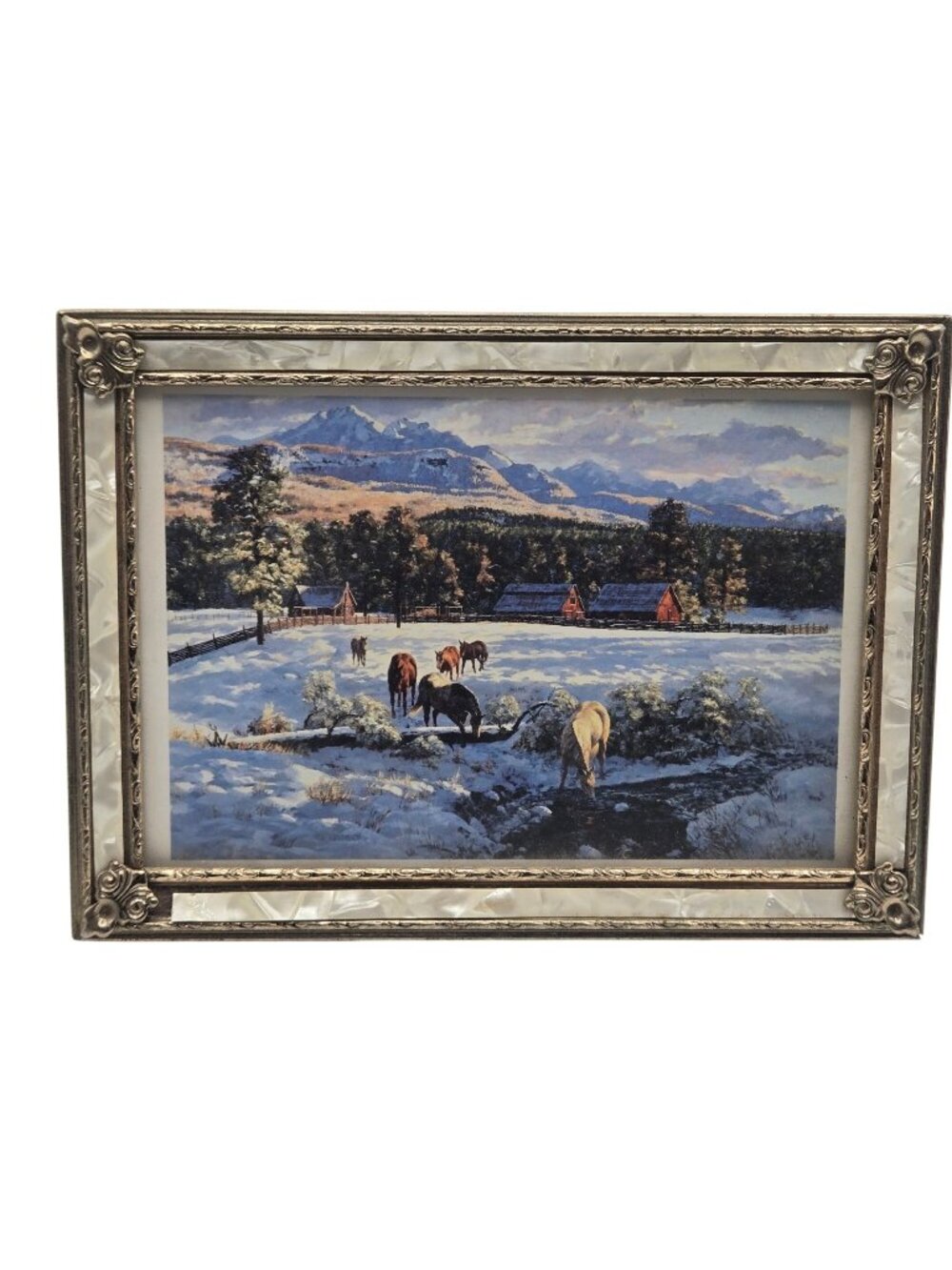 Vintage Horse Winter landscape Frame 5 x 7 Country Western Home Decor